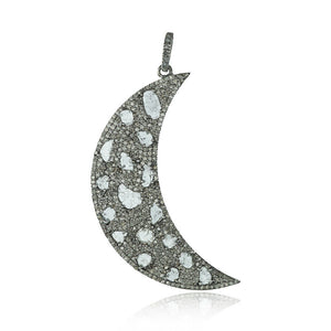 Natural Slice Diamond Pave Crescent Moon Pendant 925 Silver Mother's Day Jewelry