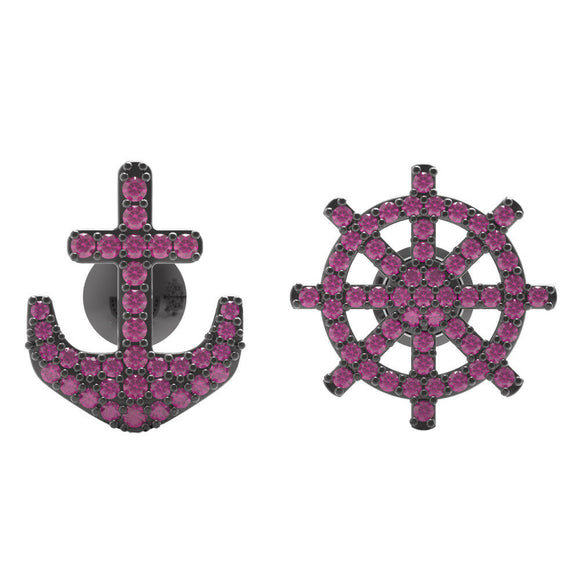 925 Sterling Silver Natural Pink Ruby Ship Wheel Arrow Stud Earrings Jewelry