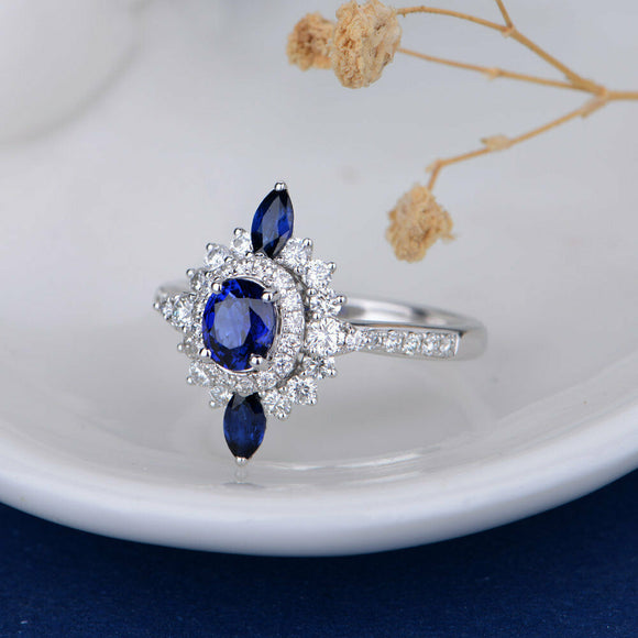 Diamond Cluster Ring 1.40CT 14k White Gold FN Oval Blue Sapphire Engagement Ring