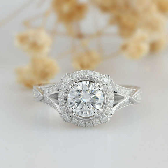 14K White Gold Over 1.52 Ct Round Cut Diamond Split Shanks Halo Engagement Ring