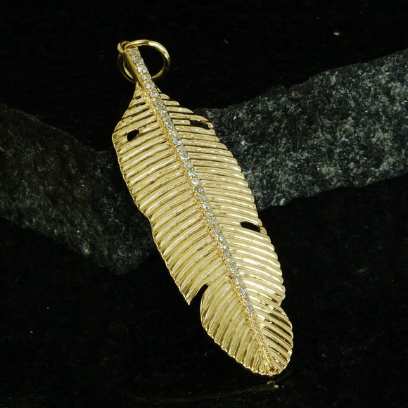 Handmade Real Pave Diamond Feather Pendant 14k Yellow Gold Jewelry Birthday Gift