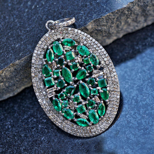 Genuine Green Emerald Pave Diamond 925 Solid Silver Pendant Gemstone Jewelry