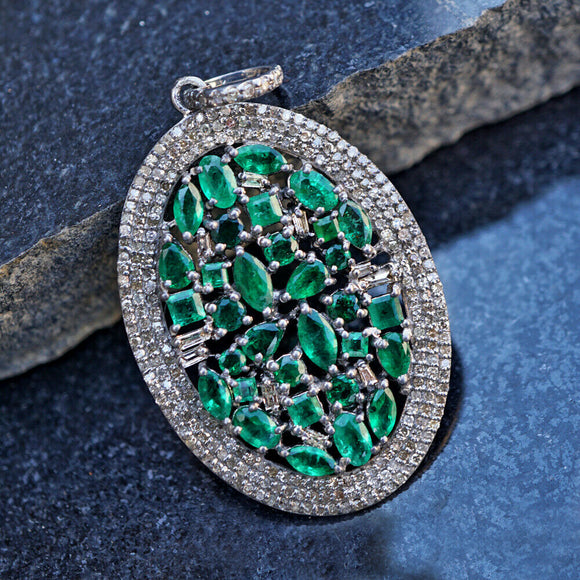 Genuine Green Emerald Pave Diamond 925 Solid Silver Pendant Gemstone Jewelry