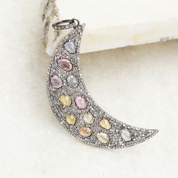 Natural Multi Sapphire Pave Diamond Half Moon 925 Solid Silver Pendant PEMJ-1203