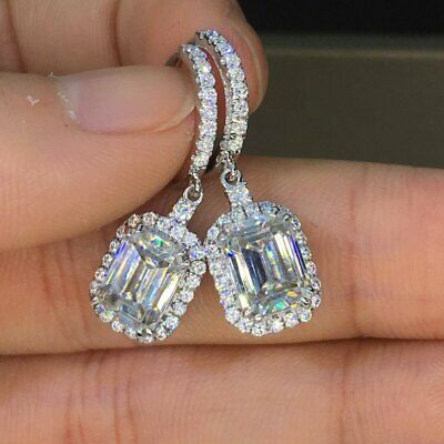 Diamond Drop Earrings 10K White Gold Over Emerald 3.00 CT Pave Set HALO Earrings