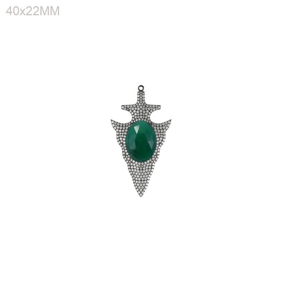 Natural Green Emerald Gemstone Pave Diamond Arrowhead 925 Silver Pendant Jewelry