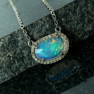 Pave Diamond 1.98 Ct Opal Connector Pendant Sterling Silver 16" Chain Necklace