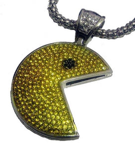 New PacMan Game Pendant Diamond Studded with 24inch chain 925 sterling silver