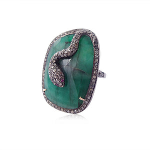 Genuine Emerald On Pave Diamond Snake 925 Sterling Silver Ring Jewelry Size 8