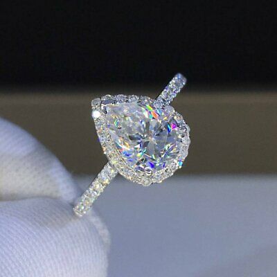 14k White Gold Over HALO Ring 2.00 CT Pear Cut D/VVS1 Diamond Engagement Ring