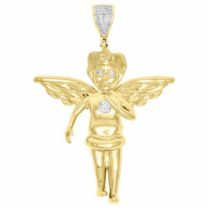 10K Yellow Gold Over Diamond Full Angel Body Pendant 1.90" Mens Pave Charm 1/5CT