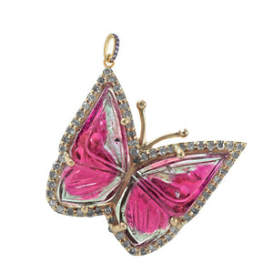 Natural Diamond Pave Pink Tourmaline Butterfly Pendant 14k Yellow Gold Jewelry