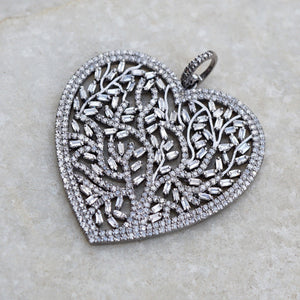 Tree Of Life Baguette Diamond Pave Heart Pendant 925 Solid Silver Jewelry GIFTS