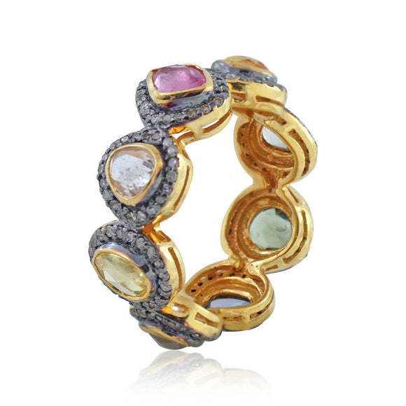 Solid Silver Gold Plated Pave Diamond Multi Sapphire Band Ring Vintage Jewelry