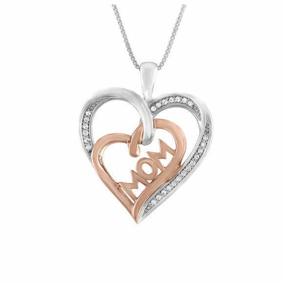 Womens 1/10 CT. Diamond 925 Silver & 14K Rose Gold Over Silver Mom Heart Pendant