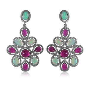 Rhodolite Garnet Opal Pave Diamond 925 Silver Dangle Earrings Jewelry EAMJOS-840