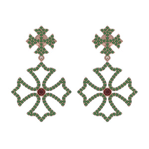 14k Rose Gold Pave Natural Emerald Ruby Cross Design Dangle Earrings Jewelry