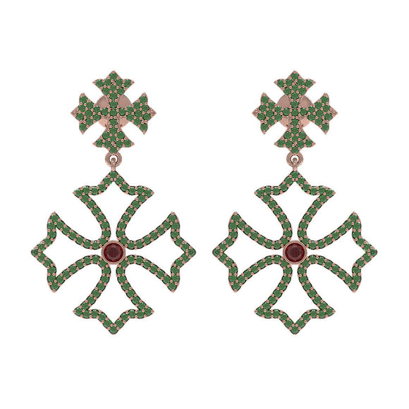 14k Rose Gold Pave Natural Emerald Ruby Cross Design Dangle Earrings Jewelry