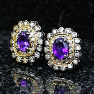 Square Amethyst Pave Diamond Stud Earrings Sterling Silver Earring Studs Jewelry