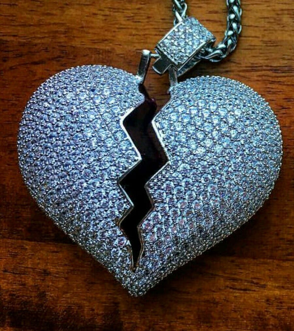 Broken Heart Pendant 2 inch HipHop Style Diamond Studded Solid Sterling Silver