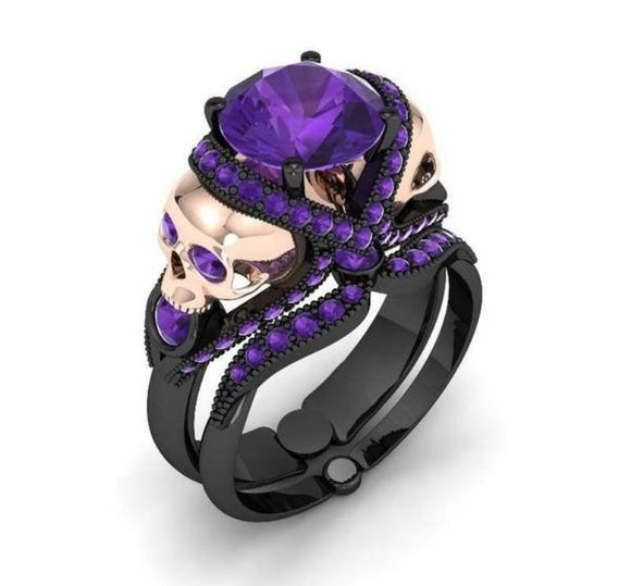 Black Skull 2.80Ct Purple Round Engagement Ring Wedding Band Set Sterling SilverListed for charity