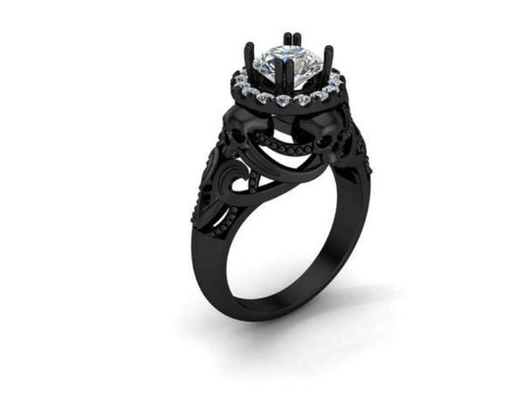 Vintage Gothic Skull Design Wedding Engagemwnt Ring Black 925 Sterling Silver