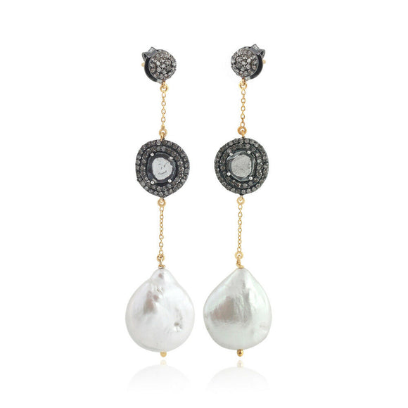 Beautiful White Pearl Polki Diamond 925 Silver Gold Earrings Jewelry EAMJ-854