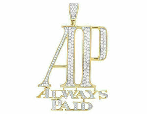 Mens 10K Yellow Gold Finish Diamond "AP" Always Paid Pendant Charm 2 1/2 Ct 2.2"