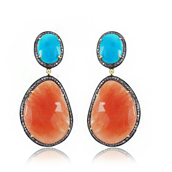 Gorgeous Orange Onyx Blue Turquoise Diamond 925 Silver Earrings Jewelry EAMJ-249