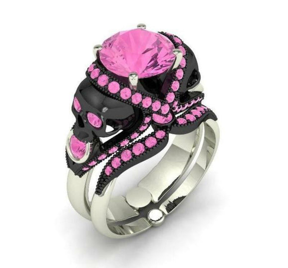 Black Skull 2.80 Ct Pink Round Engagement Ring Wedding Band Set Sterling Silver