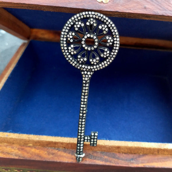 Genuine Pave Diamond KEY Pendant Handmade Sterling Silver Vintage Style Jewelry