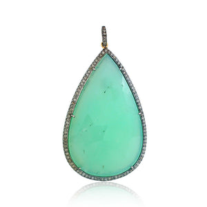 Gorgeous Chrysoprase Pave Diamond 18" Chain Pendant 925 Silver Jewelry PEMJ-1041