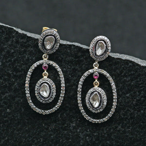 Polki Rose Cut Diamond Dangle Earrings 14k Gold Silver Pink Tourmaline Jewelry