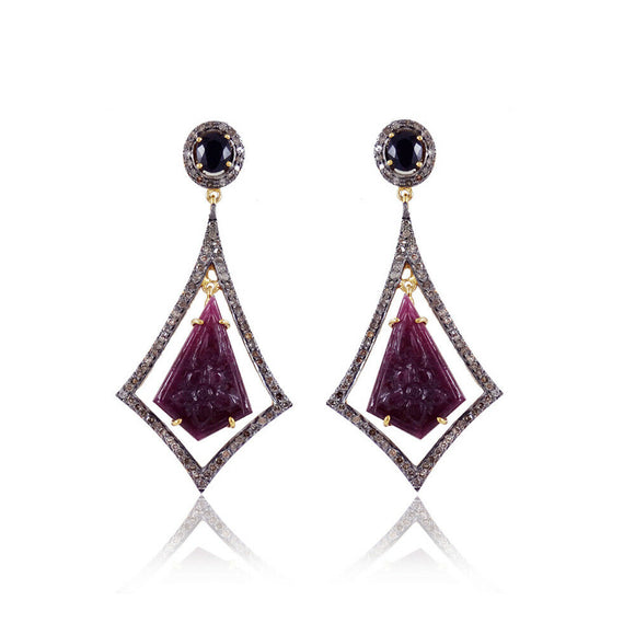 Natural Carved Red Ruby Sapphire Diamond 925 Silver 14k Gold Earrings Jewelry