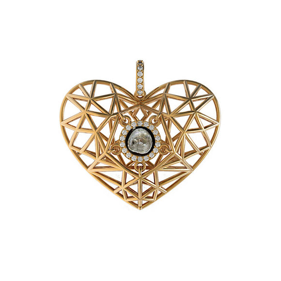 Natural Polki Diamond 14k Yellow Gold Filigree Handmade Heart Pendant Jewelry