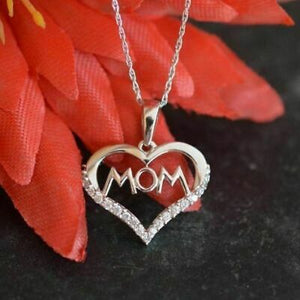 1/5Ct Round Diamond Pendant Necklace Mom Love Heart 14K White Gold Over Women