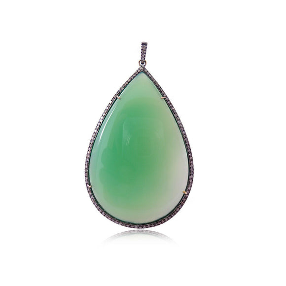 73.7CT Natural Chrysoprase Pear Gemstone 925 Silver Pave Diamond Pendant Jewelry