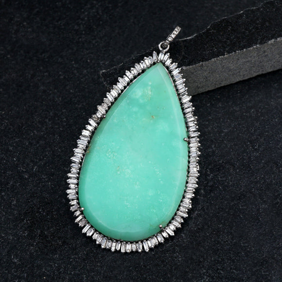 Natural Chrysoprase Baguette Diamond 925 Silver 18