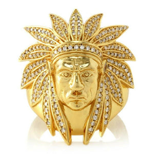 18k Yellow Gold Over 1.00 CT Round Diamond American Indian Chief Head Ring