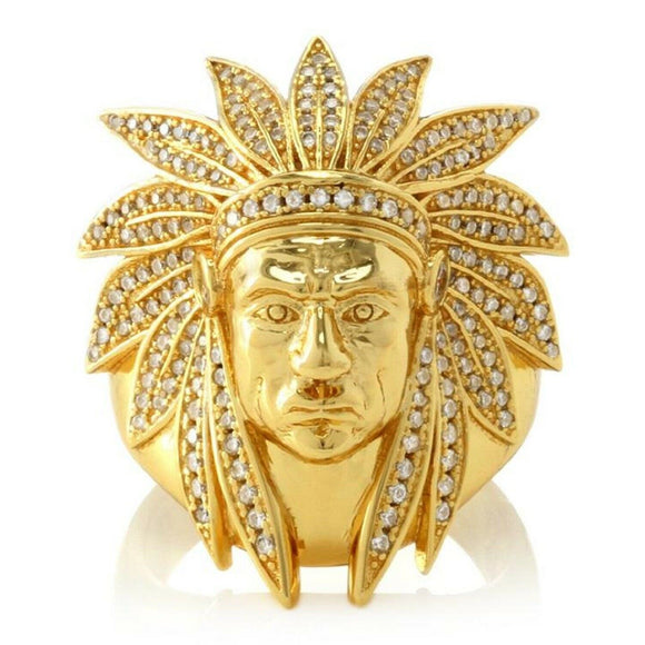 18k Yellow Gold Over 1.00 CT Round Diamond American Indian Chief Head Ring