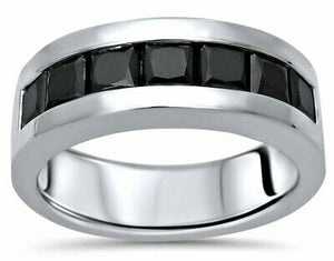 Mens Fancy Black Diamond Wedding Band 2ct Princess Cut Ring 14k White Gold Over