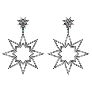 Natural Pave Diamond Emerald Solid 925 Silver Starburst Dangle Earrings Jewelry