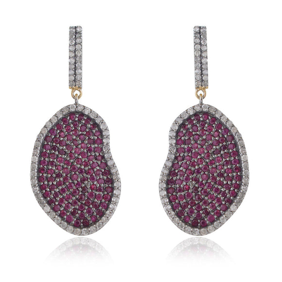 Natural Pink Ruby Pave Diamond 925 Silver Gold Handmade Dangle Earrings Jewelry