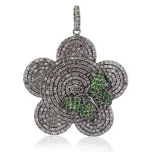 Natural Pave Diamond Chrome Diopside Flower Butterfly 925 Silver Pendant Jewelry