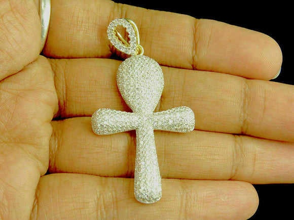 14k Yellow Gold Men's Puffed Ankh Cross Diamond Pendant Charm 925 Silver Over