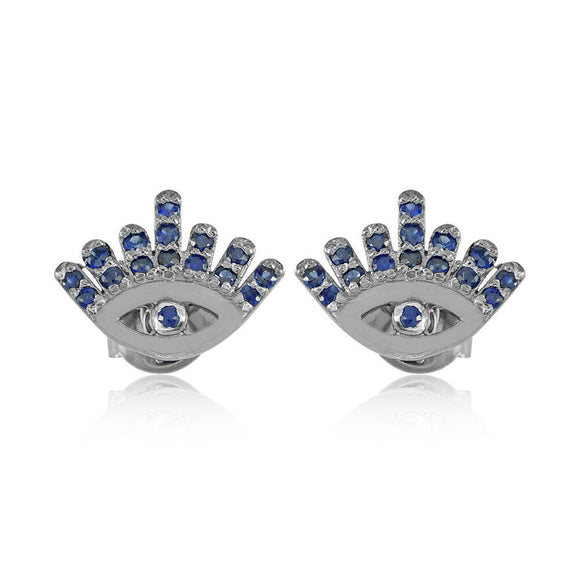 Beautiful Blue Sapphire Evil Eye Stud Earrings 925 Sold Silver Religious Jewelry