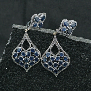 Genuine Pave Diamond Blue Sapphire Dangle Earrings Gold Silver Gemstone Jewelry