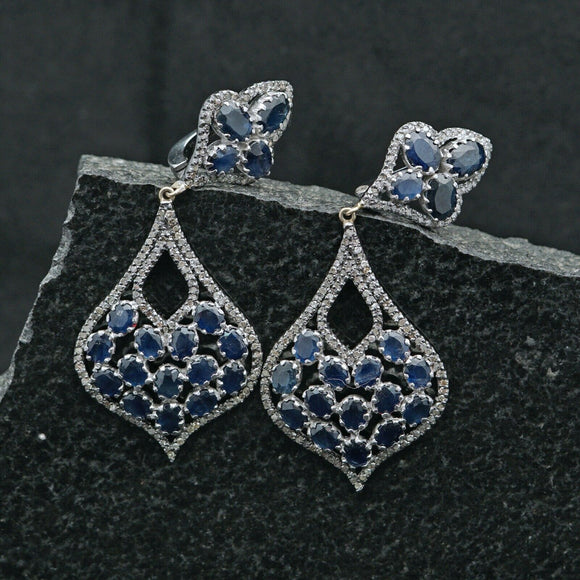 Genuine Pave Diamond Blue Sapphire Dangle Earrings Gold Silver Gemstone Jewelry