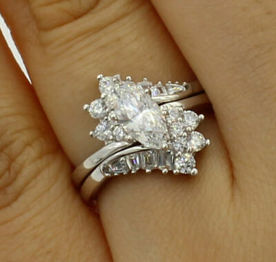 2 Ct 14K White Gold Over Marquise Engagement Promise Ring Matching Band Duo Set