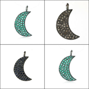 Natural Emerald Sapphire Diamond 925 Solid Silver Crescent Moon Pendant Jewelry